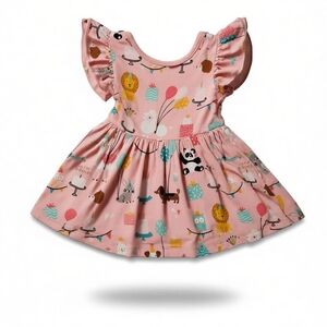 Little Sleepies PINK PARTY ANIMALS Short Sleeve Twirl Dress With Bodysuit 3-6mo